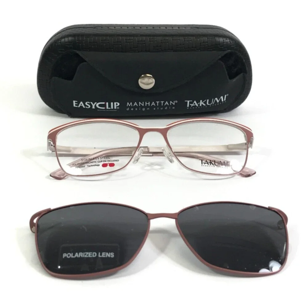 Takumi Eyeglasses Frames TK1207 30 Pink Red with Polarized Clip Ons 53-16-135